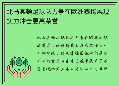 北马其顿足球队力争在欧洲赛场展现实力冲击更高荣誉