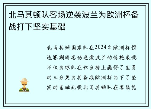 北马其顿队客场逆袭波兰为欧洲杯备战打下坚实基础
