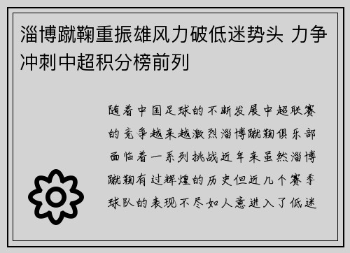 淄博蹴鞠重振雄风力破低迷势头 力争冲刺中超积分榜前列