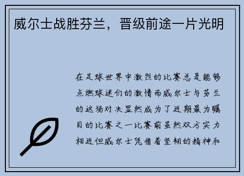 威尔士战胜芬兰，晋级前途一片光明