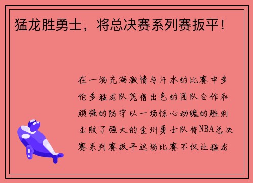 猛龙胜勇士，将总决赛系列赛扳平！