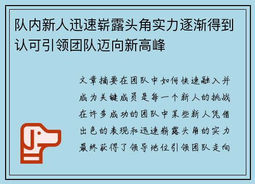 队内新人迅速崭露头角实力逐渐得到认可引领团队迈向新高峰