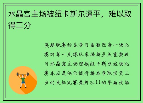 水晶宫主场被纽卡斯尔逼平，难以取得三分