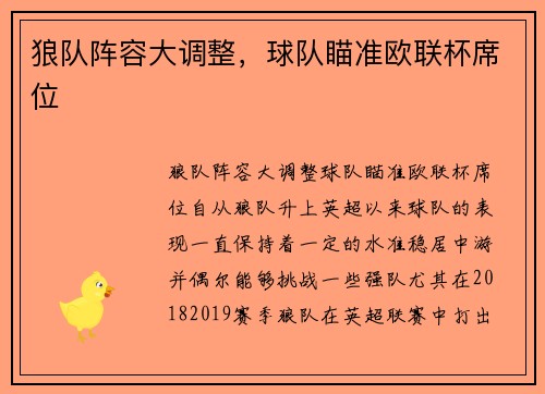狼队阵容大调整，球队瞄准欧联杯席位