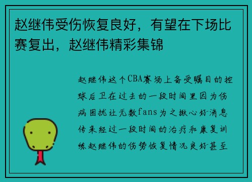 赵继伟受伤恢复良好，有望在下场比赛复出，赵继伟精彩集锦