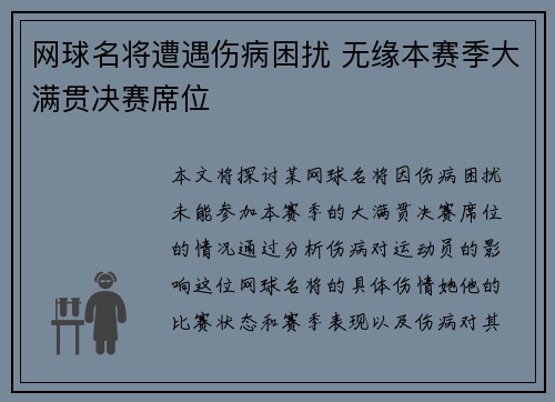 网球名将遭遇伤病困扰 无缘本赛季大满贯决赛席位