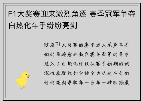 F1大奖赛迎来激烈角逐 赛季冠军争夺白热化车手纷纷亮剑